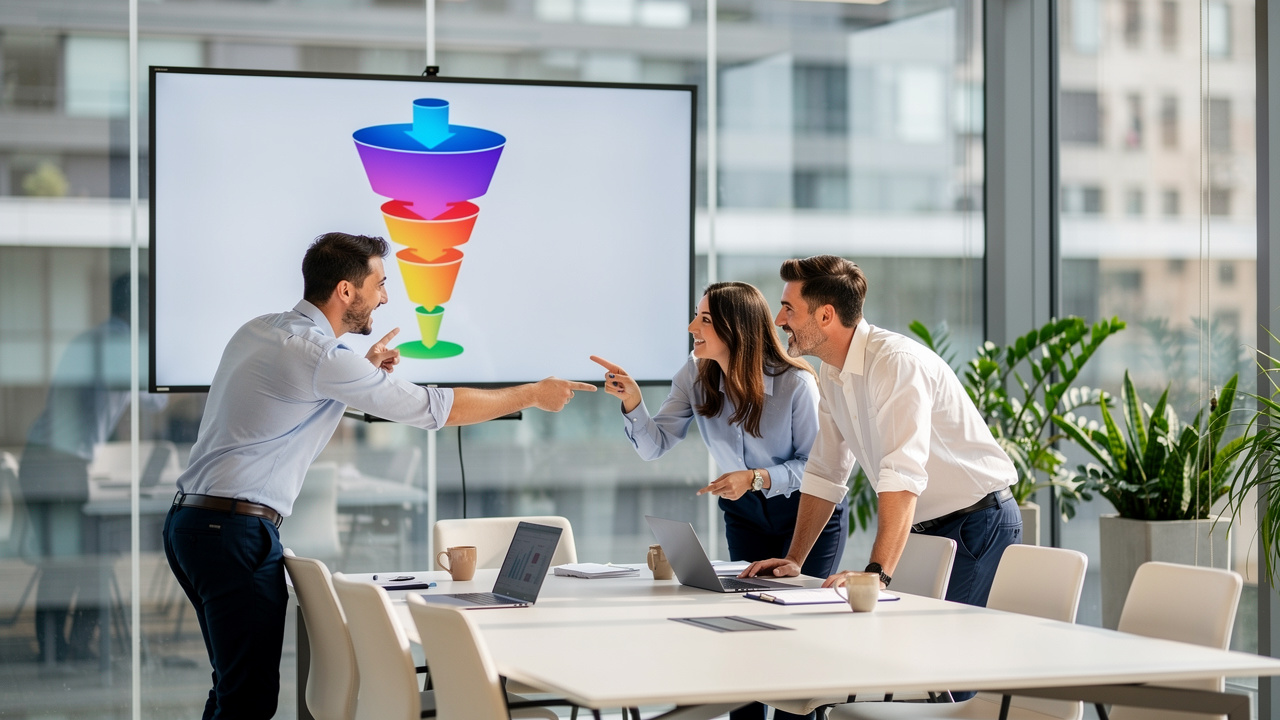 Team vendite PMI analizza pipeline CRM su schermo aziendale