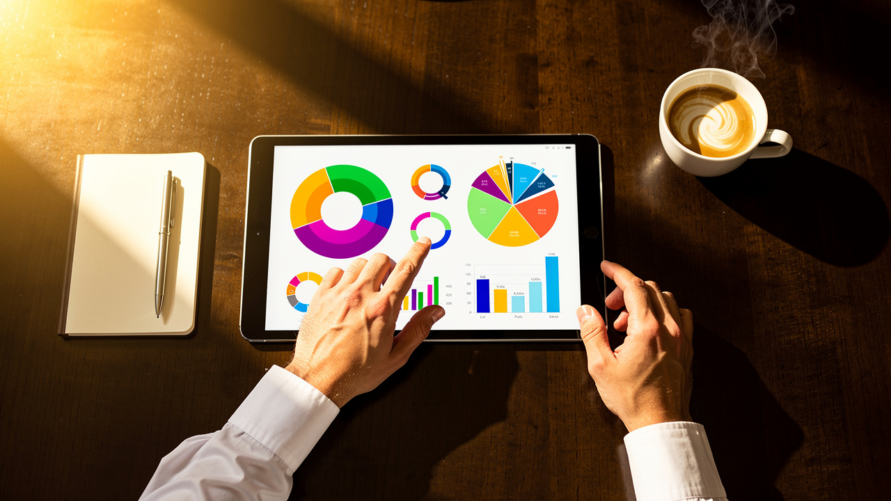 Scheda cliente CRM con grafici colorati su tablet professionale