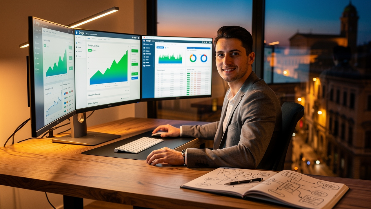 Analista SEO monitora visibilità e performance web marketing
